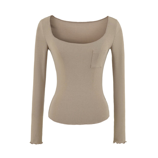 Damen Figurbetontes geripptes Langarmshirt mit weitem Quadrat-Ausschnitt und Brusttasche Nord Taschen