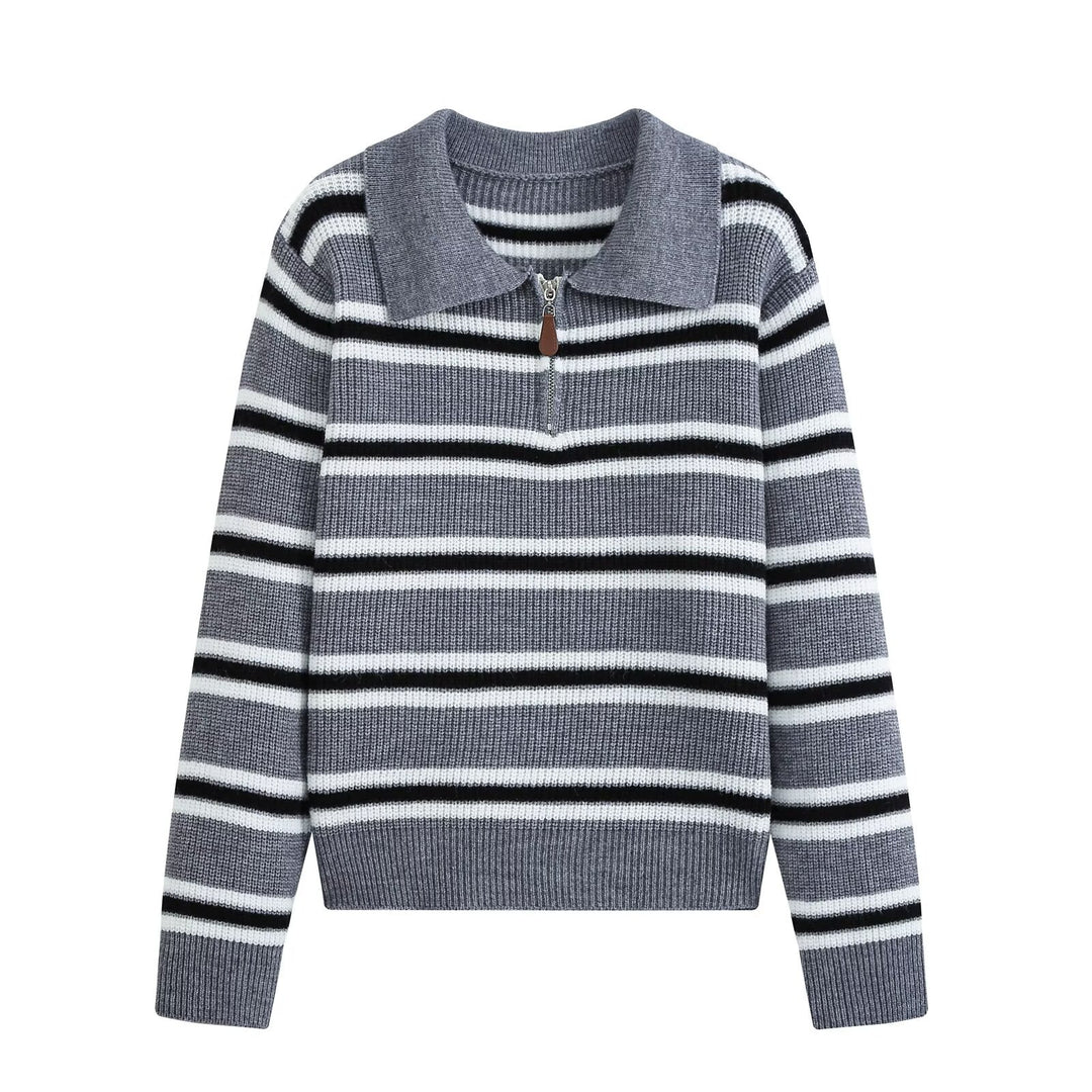 Damen Gerippter Streifenpullover mit kurzem Reißverschluss und Polokragen Nord Taschen