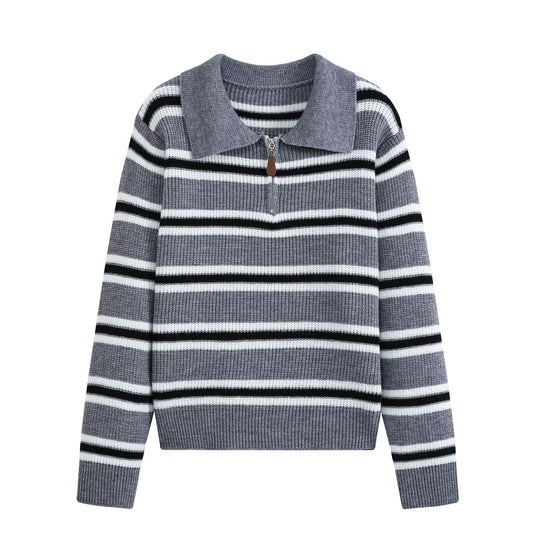 Damen Gerippter Streifenpullover mit kurzem Reißverschluss und Polokragen Nord Taschen