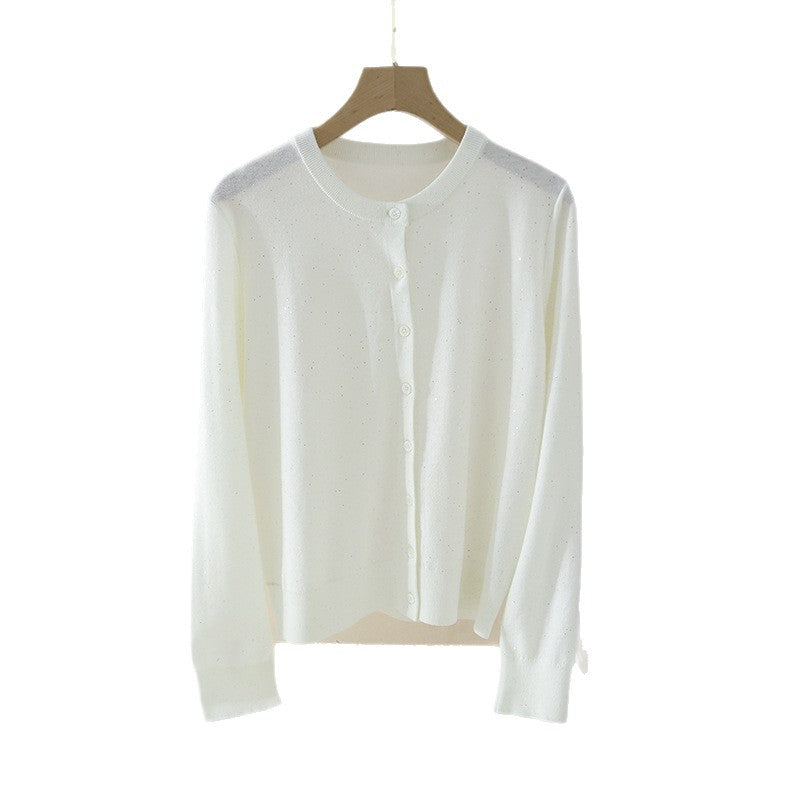 Damen Feiner Rundhals-Cardigan aus leichtem Feinstrick mit Perlmuttknopfleiste und dezentem Glitzereffekt Nord Taschen