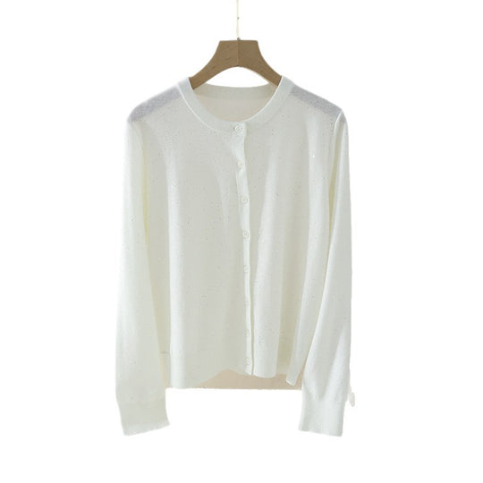 Damen Feiner Rundhals-Cardigan aus leichtem Feinstrick mit Perlmuttknopfleiste und dezentem Glitzereffekt Nord Taschen