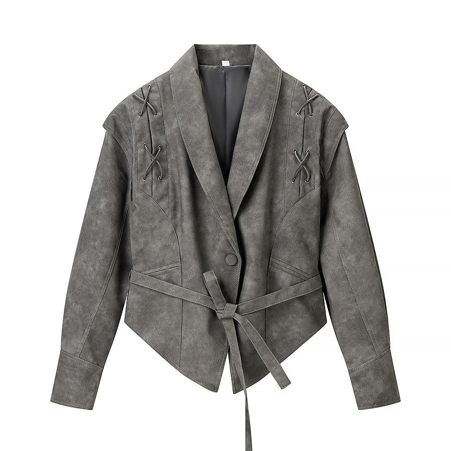 Damen Kurzjacke aus Veloursoptik mit Wickelgürtel und Schnürdetail Nord Taschen
