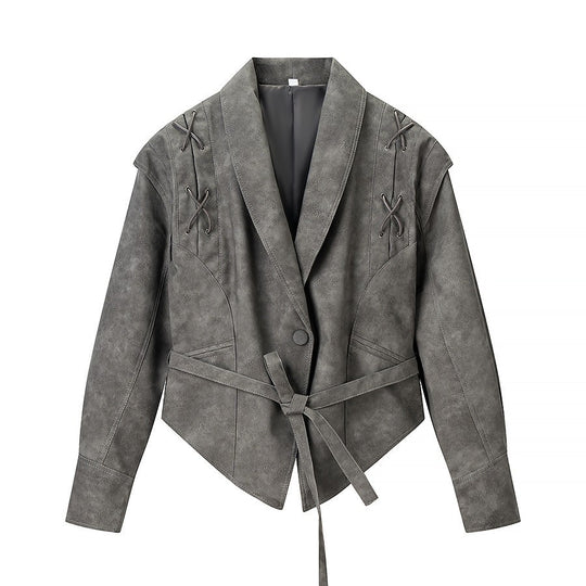 Damen Kurzjacke aus Veloursoptik mit Wickelgürtel und Schnürdetail Nord Taschen