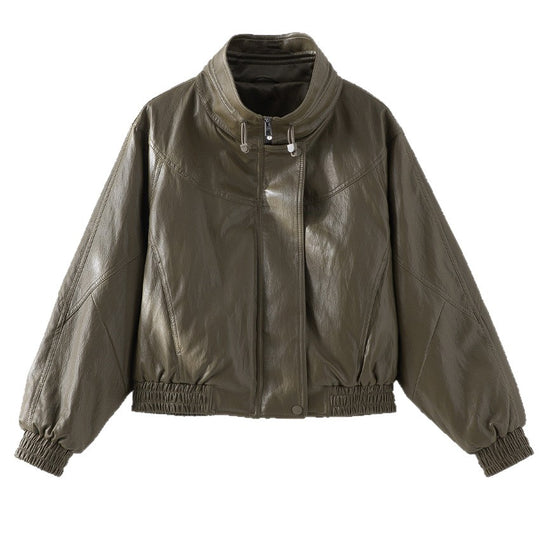 Damen Oversized Lederimitat-Bomberjacke mit Stehkragen und elastischem Saum Nord Taschen
