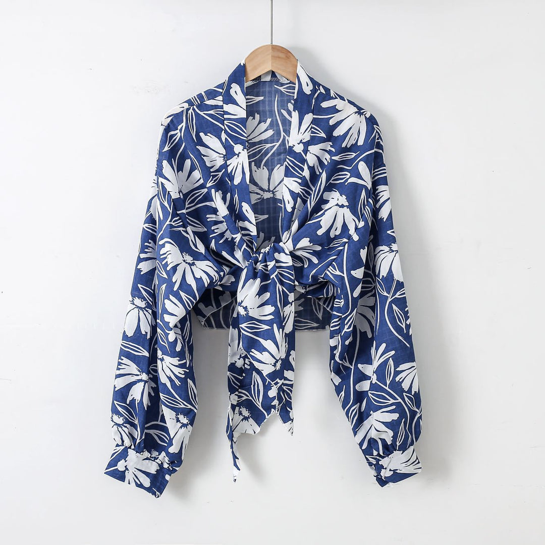Damen nan florale Knoten-Bluse im Wickelstil mit Ballonärmeln und leichter Leinenoptik