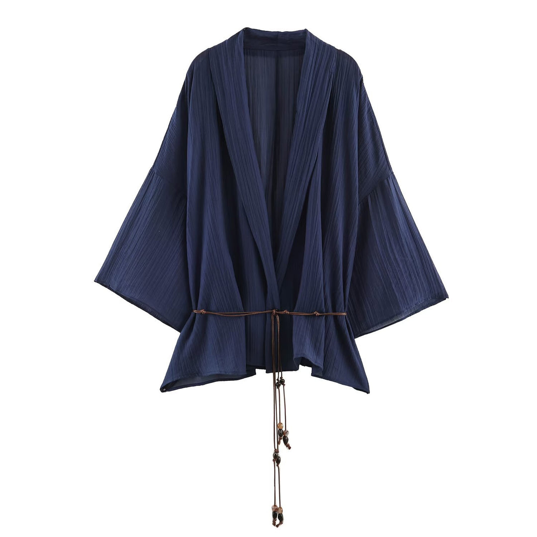Damen Plissierter Oversize-Kimono mit Hüftkordel und Trompetenärmeln Nord Taschen