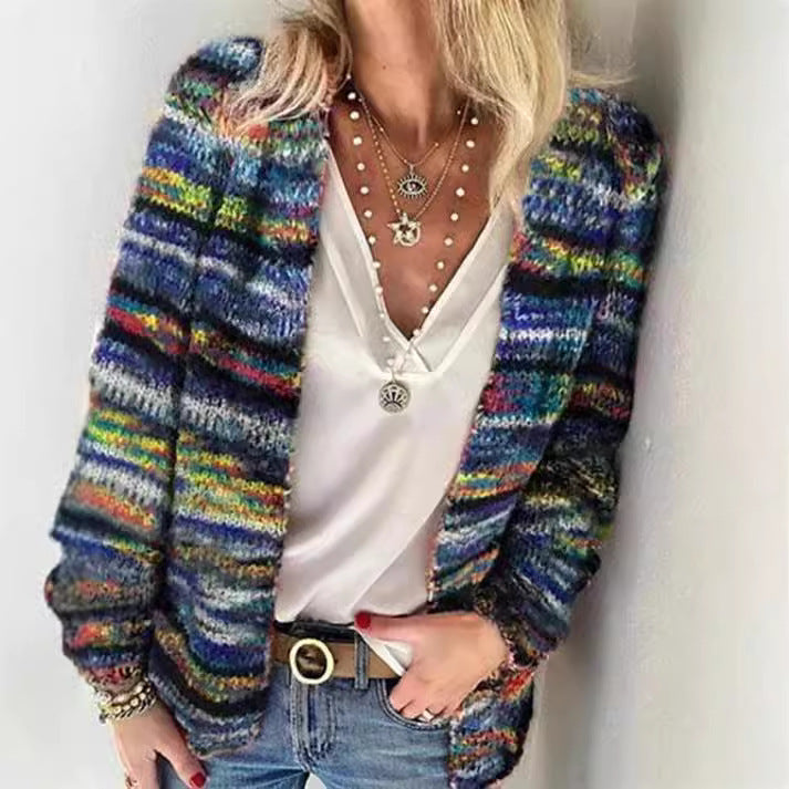 Damen Mehrfarbiger Strickcardigan mit offener Front, legerem Oversize-Schnitt und feinem Rippbündchen Nord Taschen