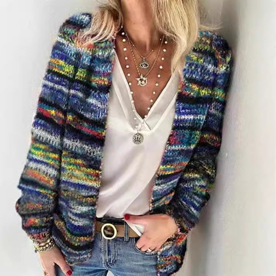 Damen Mehrfarbiger Strickcardigan mit offener Front, legerem Oversize-Schnitt und feinem Rippbündchen Nord Taschen