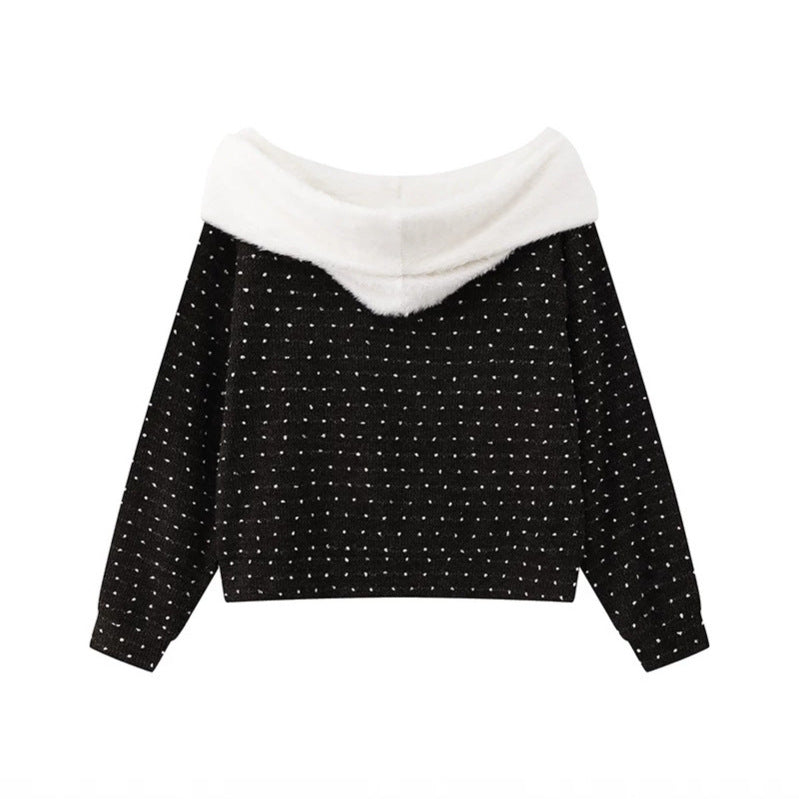 Damen Kuscheliger Strickpullover mit großem Faux-Fur-Schalkragen und Kängurutasche Nord Taschen