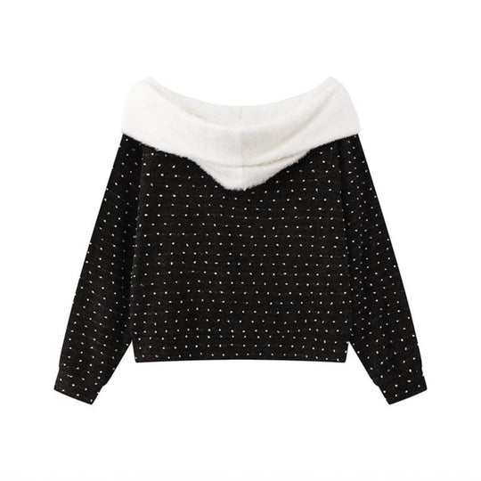 Damen Kuscheliger Strickpullover mit großem Faux-Fur-Schalkragen und Kängurutasche Nord Taschen