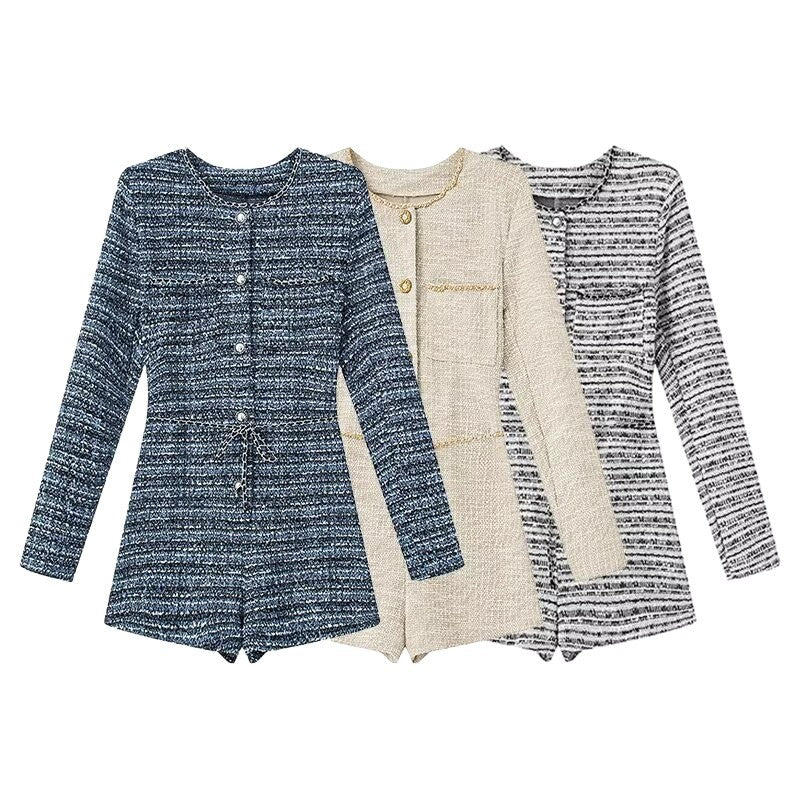 Damen Bouclé-Shorts-Overall mit taillierter Silhouette, Knopfleiste und Zierkette Nord Taschen