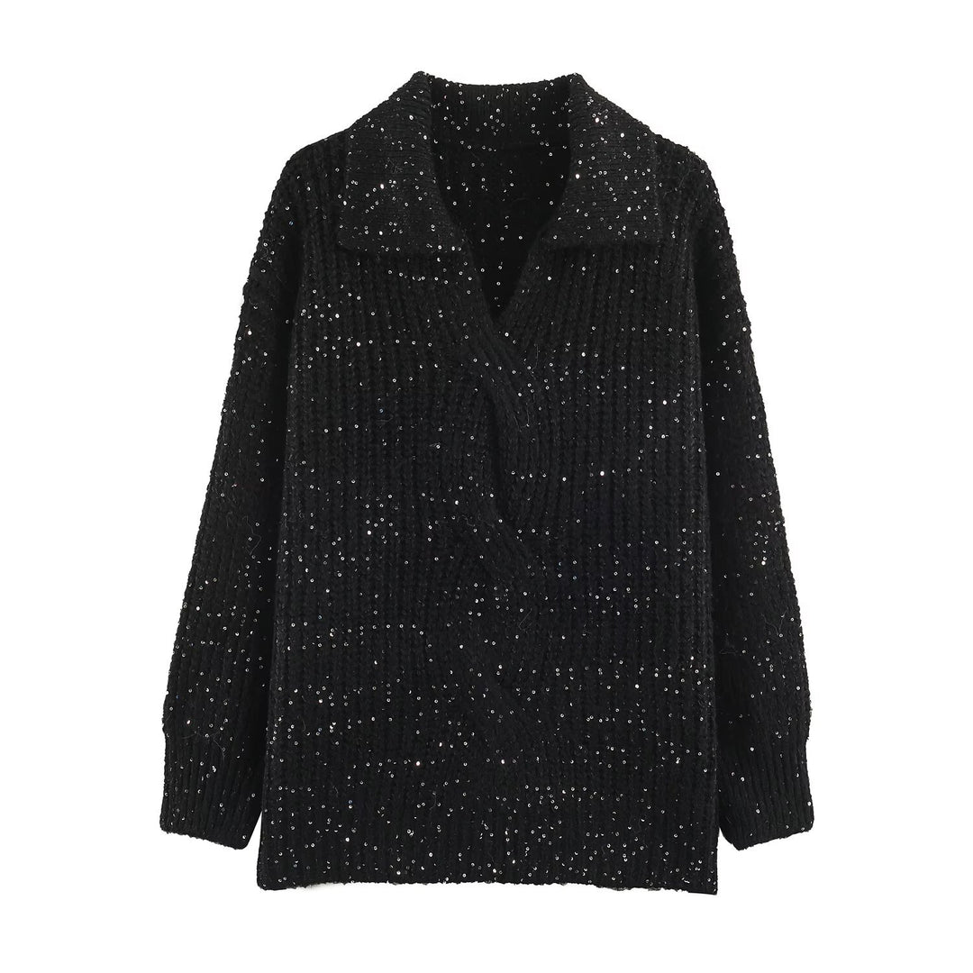 Damen Grobgestrickter Pullover mit weitem Reverskragen und Paillettenbesatz Nord Taschen
