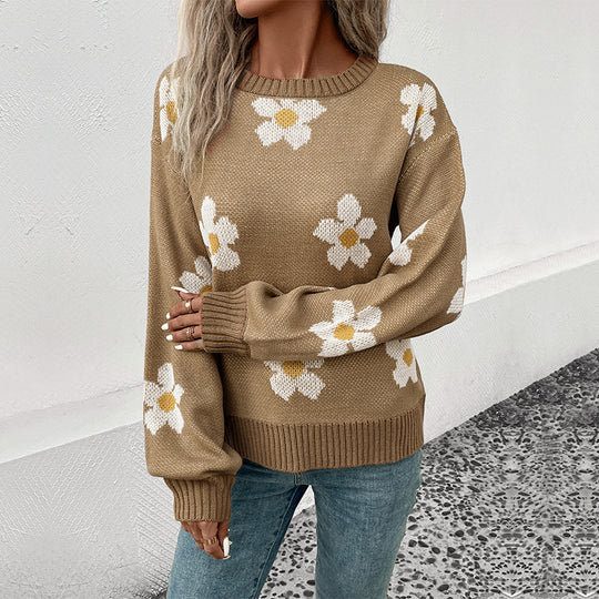Damen Oversize-Strickpullover mit Blumenjacquard, Rundhalsausschnitt und Ballonärmeln Nord Taschen