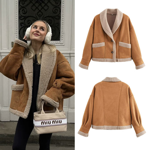 Damen Kurzjacke mit Teddy-Futter, Schalkragen und Oversize-Schnitt Nord Taschen