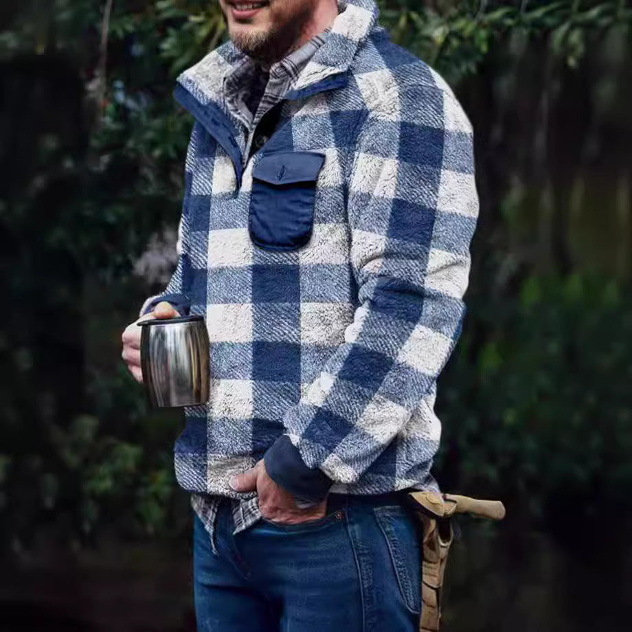 Herren Fleece-Pullover mit Karomuster und Hohem Kragen Avellé