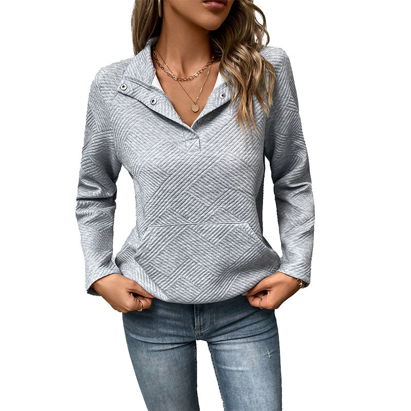 Damen Steppstrukturiertes Sweatshirt mit Druckknopfkragen, V‑Ausschnitt und Kängurutasche Nord Taschen