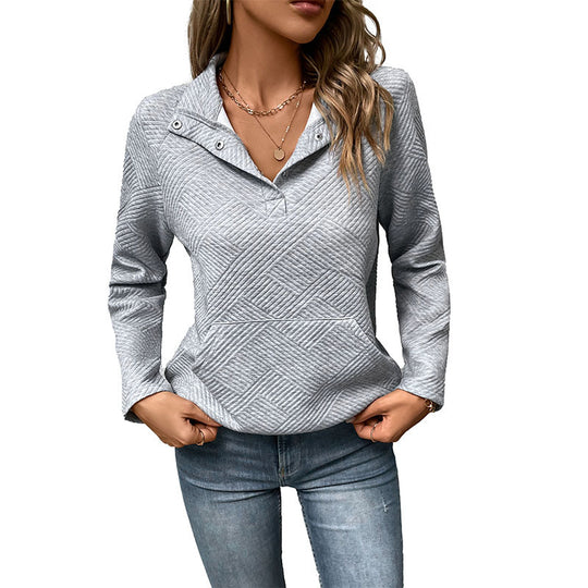 Damen Steppstrukturiertes Sweatshirt mit Druckknopfkragen, V‑Ausschnitt und Kängurutasche Nord Taschen