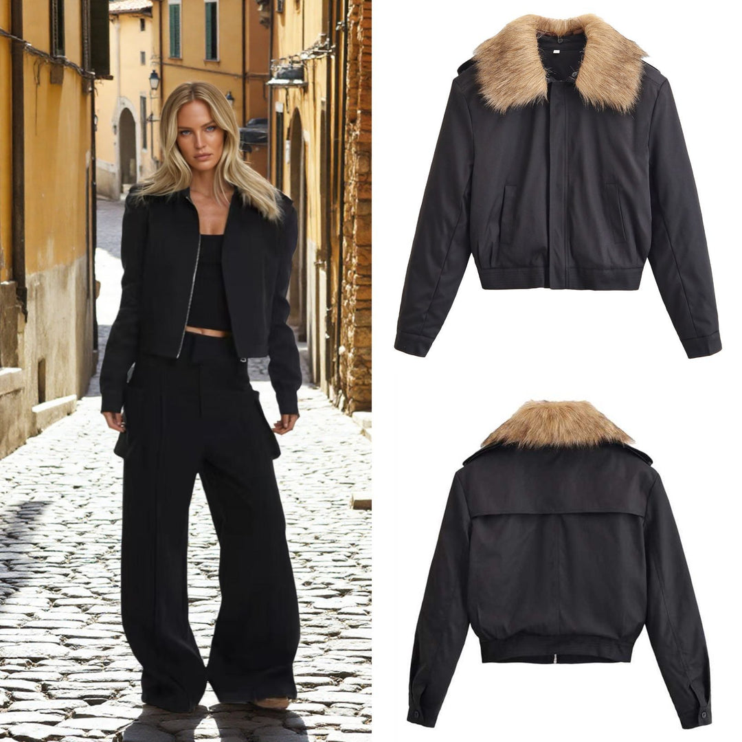 Damen Kurze Bomberjacke mit abnehmbarem Faux-Fur-Kragen Nord Taschen