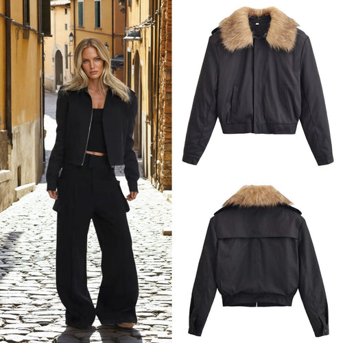 Damen Kurze Bomberjacke mit abnehmbarem Faux-Fur-Kragen Nord Taschen