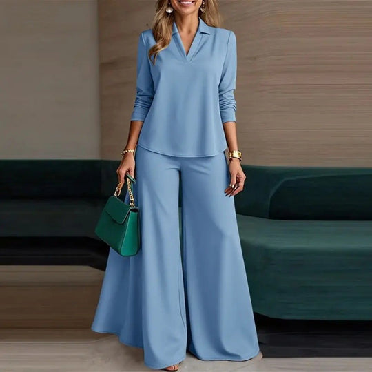 Damen Elegantes Zweiteiliges Palazzo-Set mit Hemdkragen-Top und weitem Bein Nord Taschen