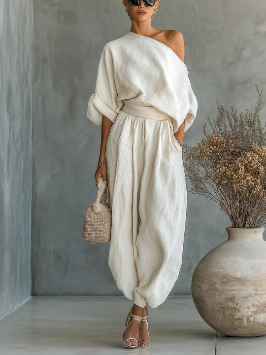 Damen Leinen-Set mit One-Shoulder-Oberteil und weiten Haremshosen Nord Taschen