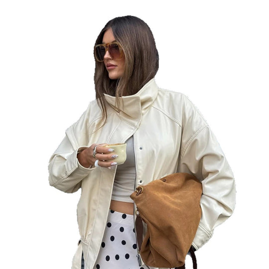 Damen Oversize Kunstlederjacke mit hohem Stehkragen und Tunnelzug Nord Taschen