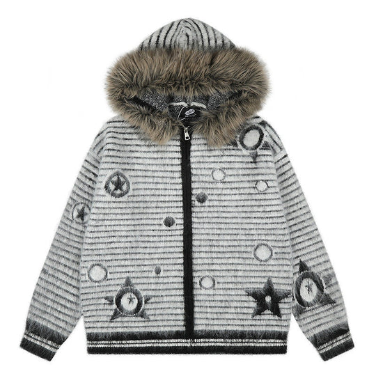 Damen Kapuzen-Strickjacke mit Fellbesatz, gestreifter Mohair‑Optik und Sternapplikationen Nord Taschen