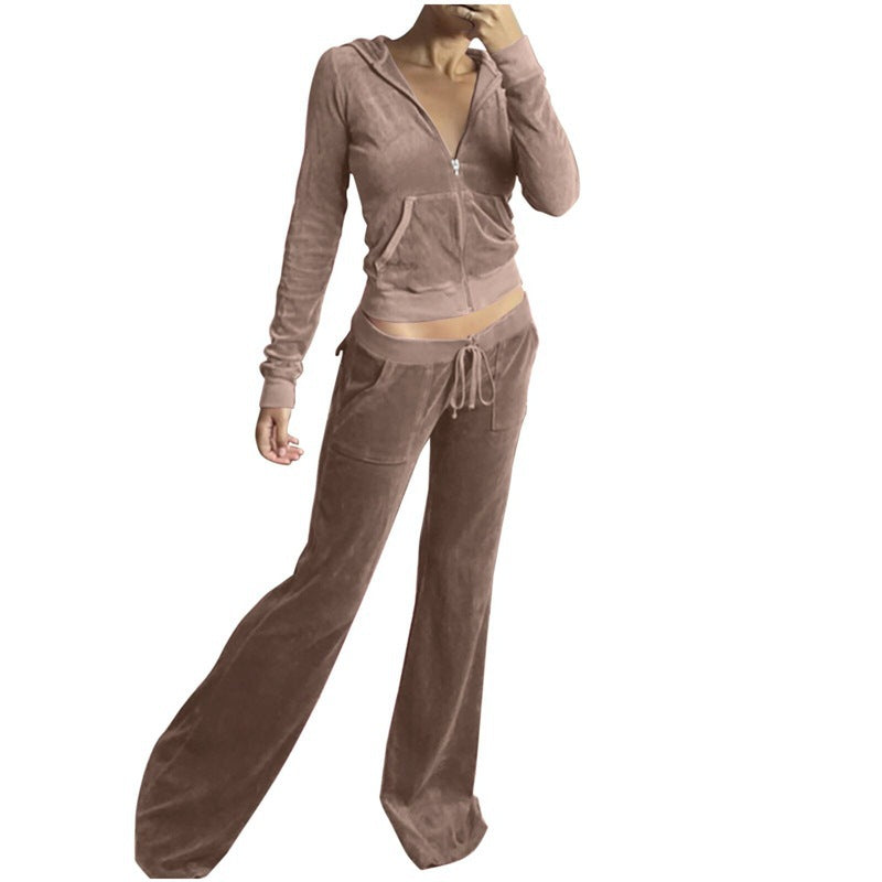 Damen Samtvelours Cropped-Zipjacke mit Kängurutasche und hochgeschnittener Bündchenhose Nord Taschen