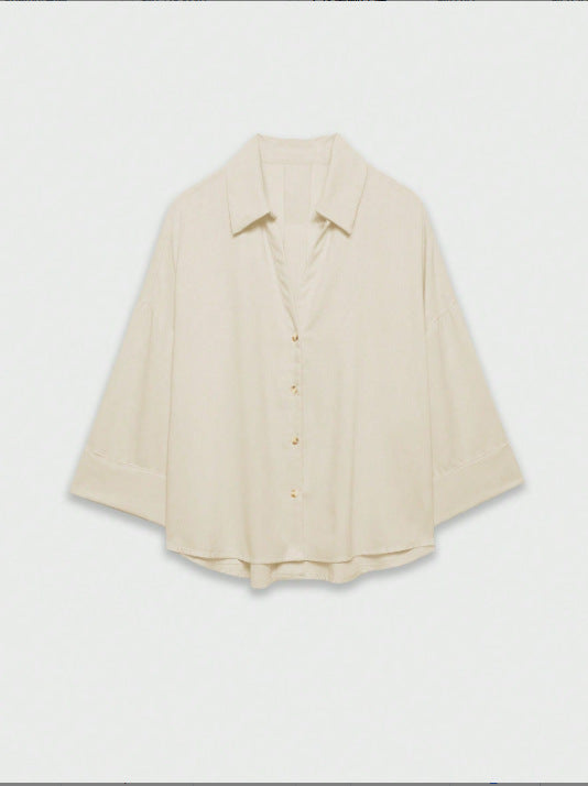 Damen Leichte Oversize Leinenoptik Bluse mit Dreiviertelärmeln und durchgehender Knopfleiste Nord Taschen
