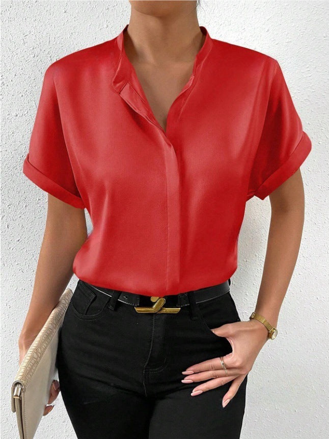Damen elegante Kurzarmbluse mit asymmetrischem Kragen