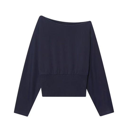 Damen Oversize Off-Shoulder Cropped-Pullover mit Fledermausärmeln und breitem Rippbündchen Nord Taschen