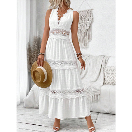 Damen Langes, elegantes Maxikleid mit Spitzenakzenten und Volants