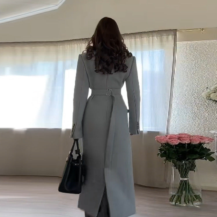Damen Longline-Mantel aus Wollmix mit figurnaher Silhouette, Reverskragen und durchgehender Knopfleiste Nord Taschen