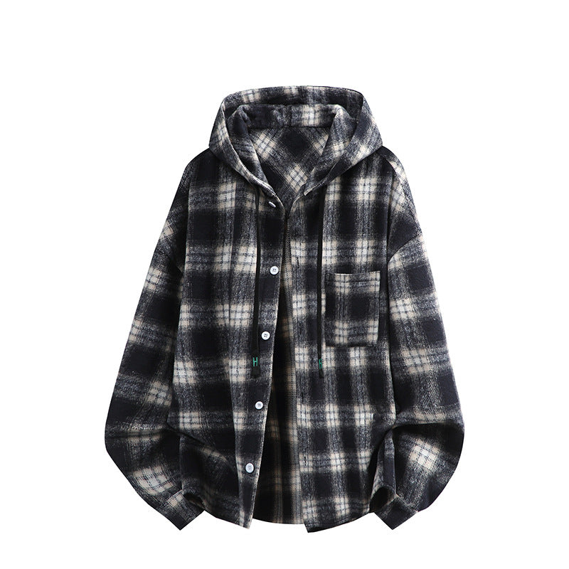 Unisex oversized Kapuzen-Hemdjacke aus Flanell mit Karomuster und Brusttasche Nord Taschen