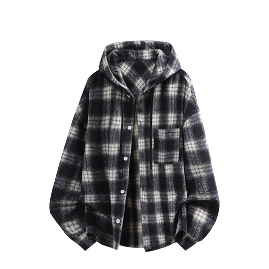 Unisex oversized Kapuzen-Hemdjacke aus Flanell mit Karomuster und Brusttasche Nord Taschen