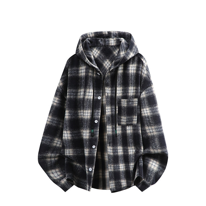 Unisex oversized Kapuzen-Hemdjacke aus Flanell mit Karomuster und Brusttasche Nord Taschen