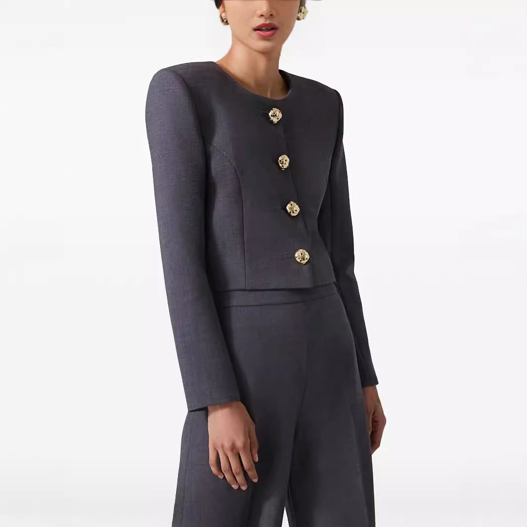 Damen Zweiteiliger Tailoring-Anzug Kurzblazer mit markanter Schulter und hochtaillierter Palazzohose Nord Taschen