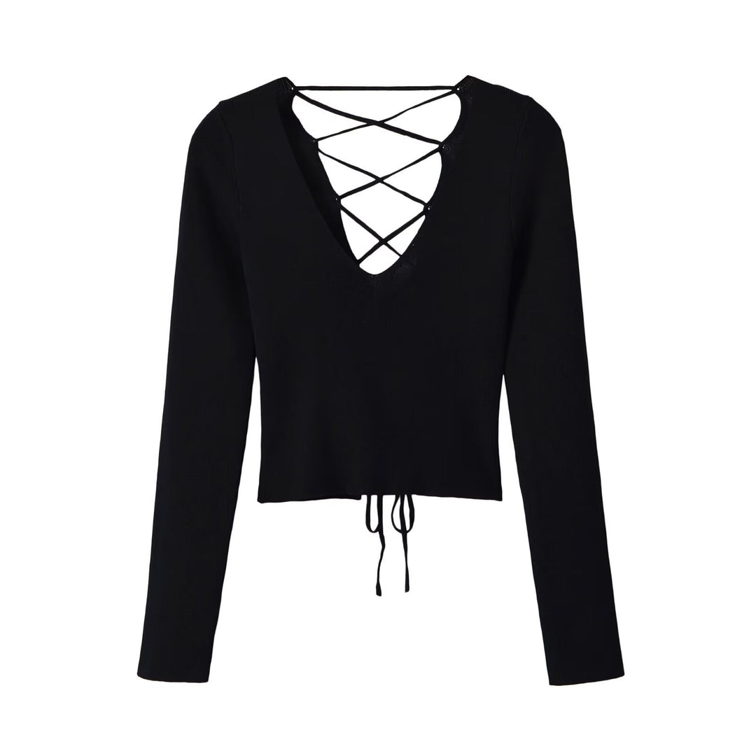 Damen Cropped Feinstrick-Top mit tiefem V‑Ausschnitt, dekorativer Schnürung vorne und Tunnelzugsaum Nord Taschen