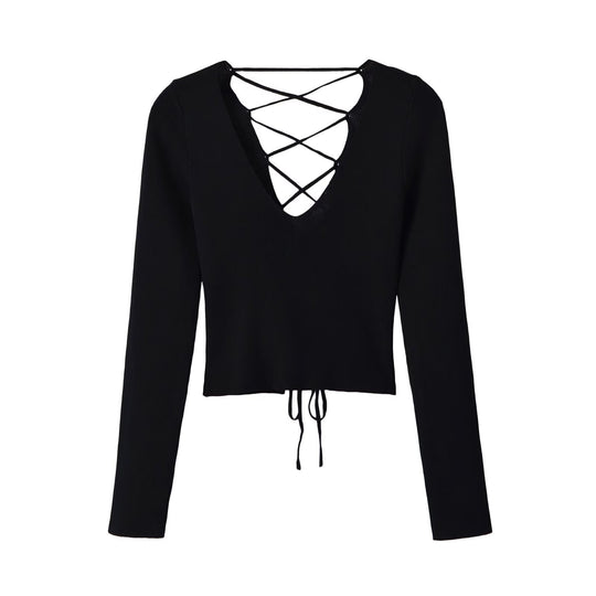 Damen Cropped Feinstrick-Top mit tiefem V‑Ausschnitt, dekorativer Schnürung vorne und Tunnelzugsaum Nord Taschen