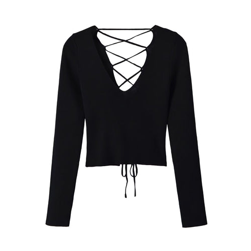 Damen Cropped Feinstrick-Top mit tiefem V‑Ausschnitt, dekorativer Schnürung vorne und Tunnelzugsaum Nord Taschen