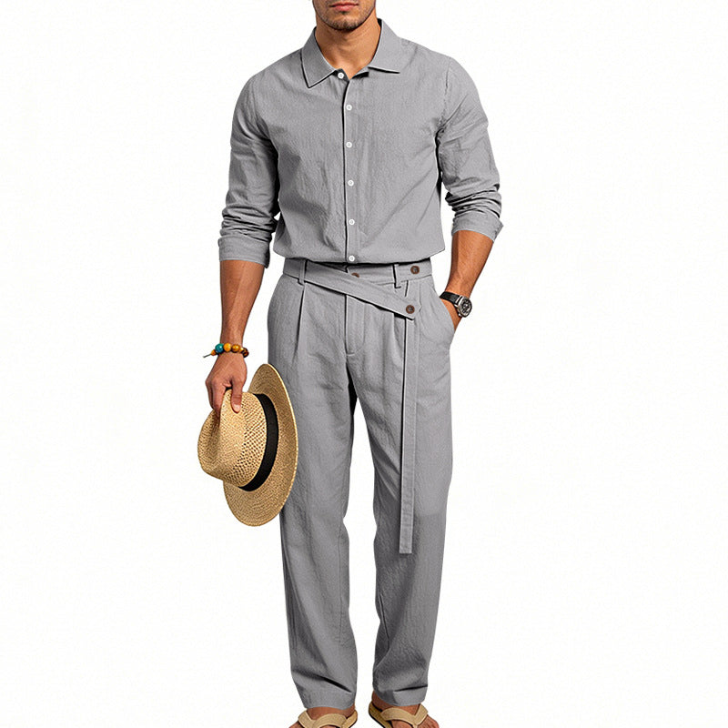 Herren nan eleganter Leinen-Zweiteiler mit Hemd und Hose mit hohem Bund und Bindegürtel