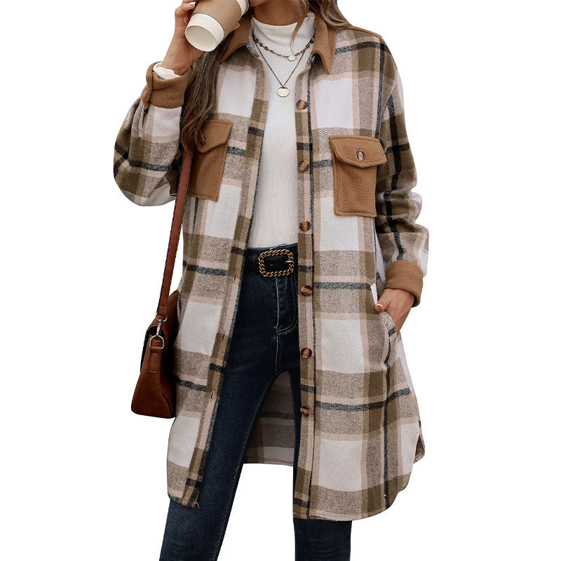 Damen Lange Überwurfjacke im karierten Flanell‑Look mit aufgesetzten Pattentaschen Nord Taschen