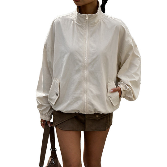 Damen Oversize Windjacke mit Stehkragen, Kordelzug und Pattentaschen Nord Taschen