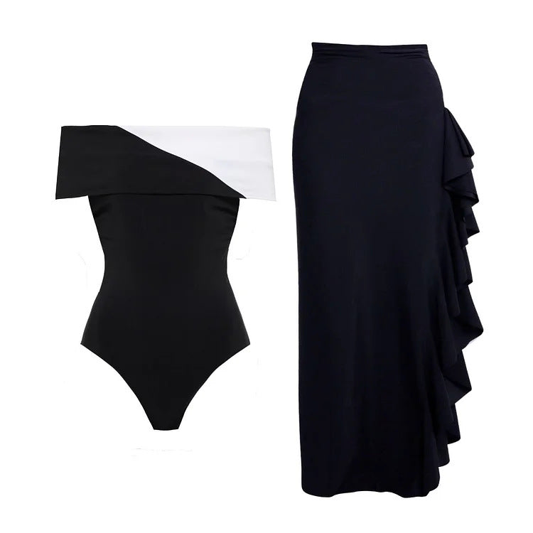 Damen Badeanzug mit modischem Off-Shoulder Design und eleganter Rüschen-Maxiröhre Nord Taschen