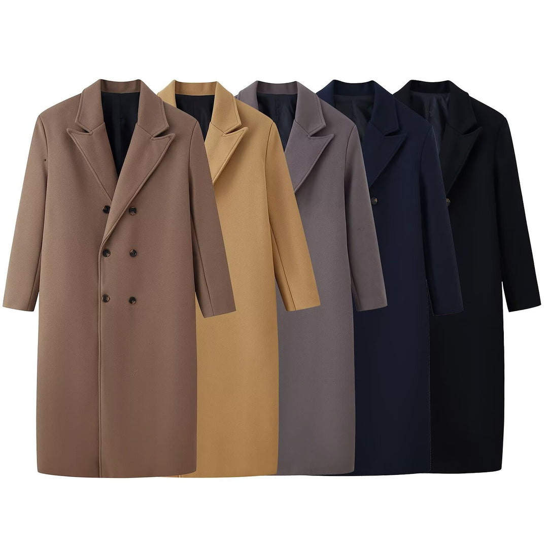 Damen 30+ langer doppeltreihiger Wollmix‑Mantel mit Reverskragen und geradem Schnitt Nord Taschen