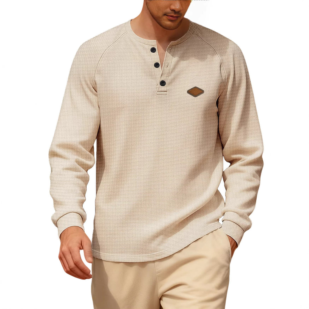 Herren nan Waffelstrick-Henley Langarmshirt mit Raglanärmeln, Halbknopfleiste und Lederlabel Nord Taschen