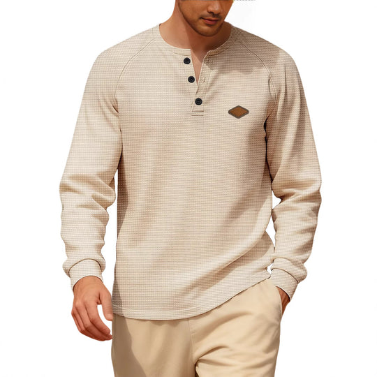 Herren nan Waffelstrick-Henley Langarmshirt mit Raglanärmeln, Halbknopfleiste und Lederlabel Nord Taschen