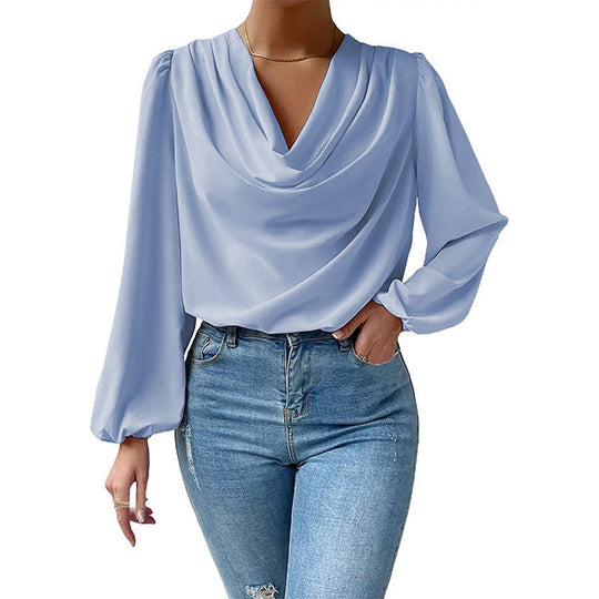 Damen elegante Bluse mit asymmetrischem Halsansatz und langen Ärmeln