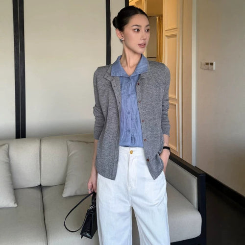 Damen Leichter Feinstrick-Cardigan mit eingearbeitetem Hemdkragen und verdeckter Knopfleiste Nord Taschen