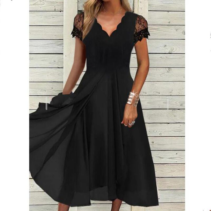 Damen nan fließendes Midikleid mit geschwungenem V-Ausschnitt, taillierter A-Linien-Silhouette und filigranen Spitzenärmeln